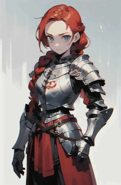 (masterpiece, ultra-detailed, high resolution, best quality:1.2), (anime, simple background, fantasy art, RPG character), (cowboy shot:1.3), (1girl, female knight), ((redhead:1.2), forehead, less volume hair), (medieval armor, pauldrons, breastplate, gaunt...