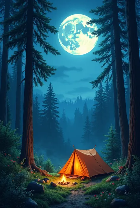 Pictures of a beautiful forest And there is a full moon add a camp