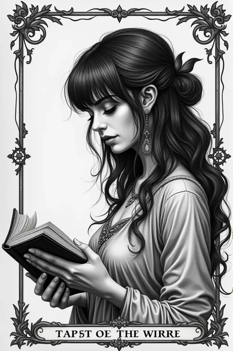  Tarot card tattoo of a woman with black hair with bangs who is focused on reading a book. The woman is on the side
The image should be in black and white and tattoo sketch