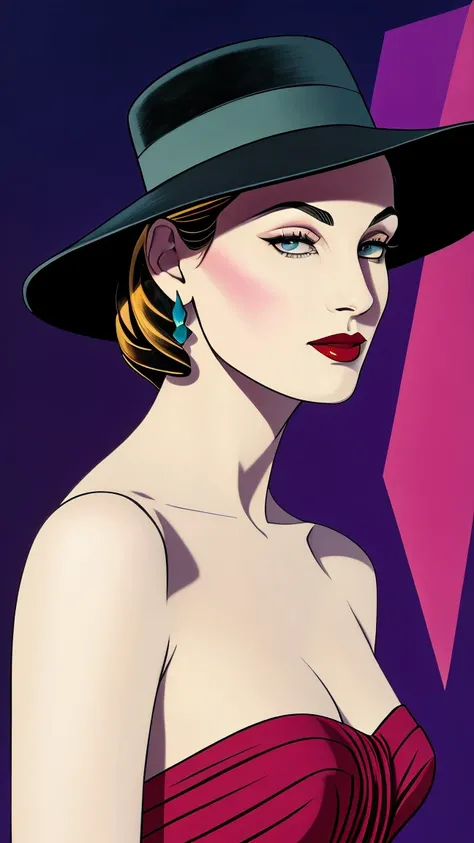 Create a stunning masterpiece depicting a woman in 1950s style, wearing a flowing, very long dress that exudes a dreamy and magical aura. She should have glamorous makeup, including striking red lipstick, and wear a wide-brimmed black hat. The character sh...