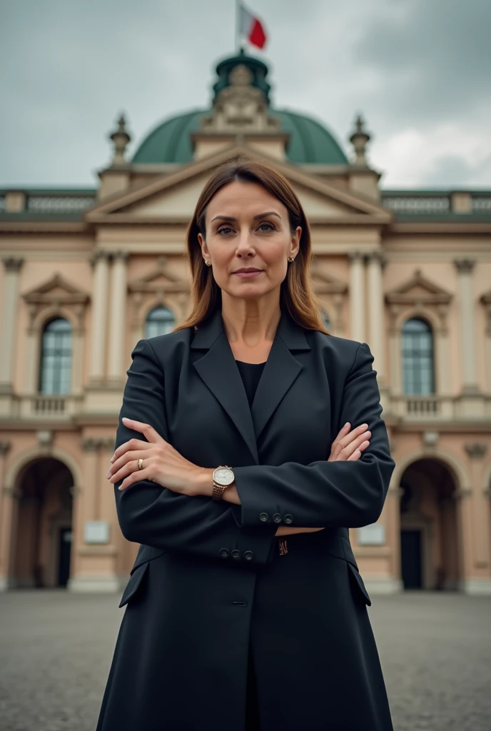 Prime Minister of Italy.  The Prime Minister stands in front of Palazzo Chigi , with the Italian flag in the background . She looks resolutely at the camera.