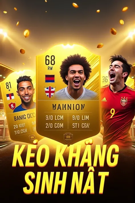 Design a vibrant, celebratory gaming-themed image featuring football player cards with high ratings. Central elements include four golden-bordered football player cards arranged prominently: George Best with a rating of 128 (RW), Robin van Persie with a ra...