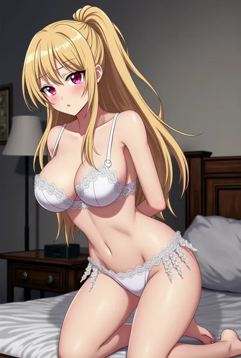  Adult woman has long blond hair ,  bright pink eyes and wears a set of white lingerie with lace details. her bust is big.  The background shows a room with a bed , lamp and simple decoration .(hentai anime version ).