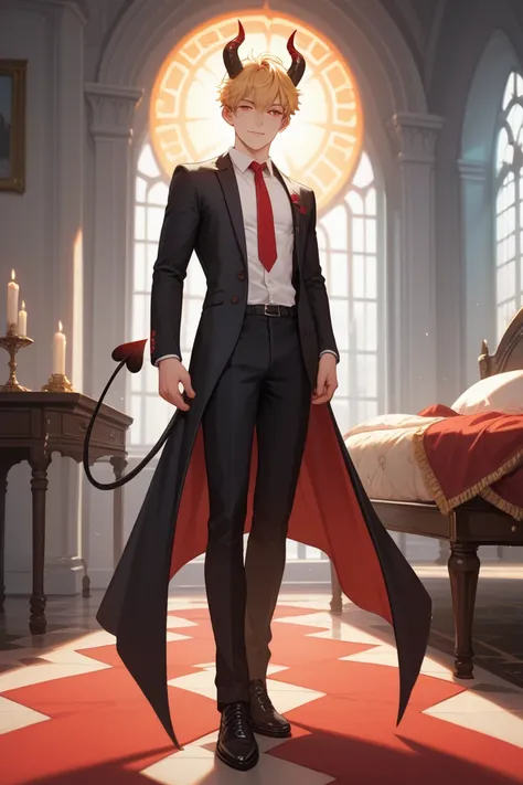 male with sun kissed skin, wearing a black suit with a red tie, with short blonde hair, bright red demon eyes, 18 years old, full body,  slim body, small black horns, one demon black tail, in a large castle bedroom,