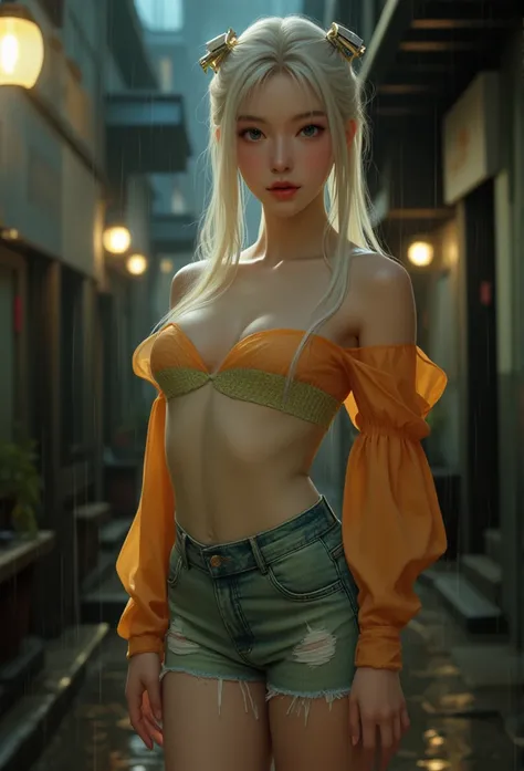 Capture a realistic photo of a stunning Thai woman posing elegantly in an alleyway on a rainy day. She stands tall with pale skin and long bleached pigtails accessorized with chic hair clips, her see-through light green dress and orange strapless top with ...