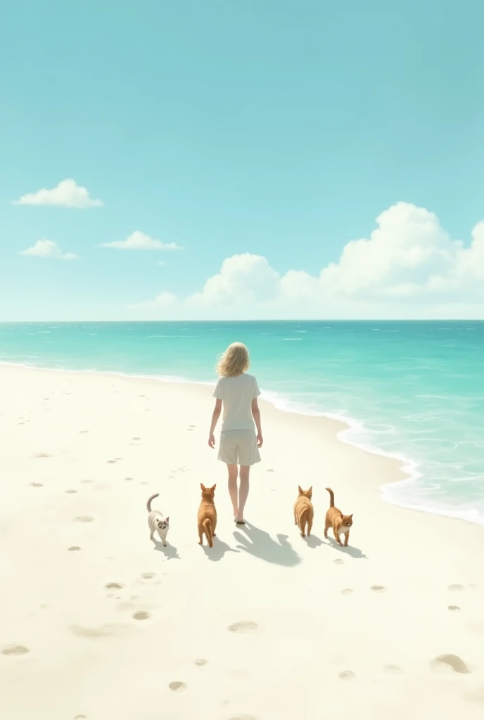 Walking with cats on white sand 