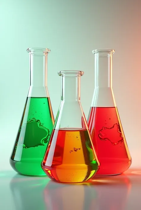 three flesks with green, red and orange colours of liquid 