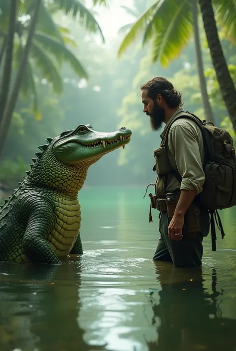 A crocodile talking to a hunter in a river 