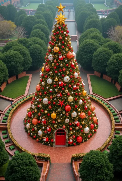 A giant Christmas tree full of decorations, toys, plushies and all that remembers of Christmas, in the middle of a park with circular composition, taken From above