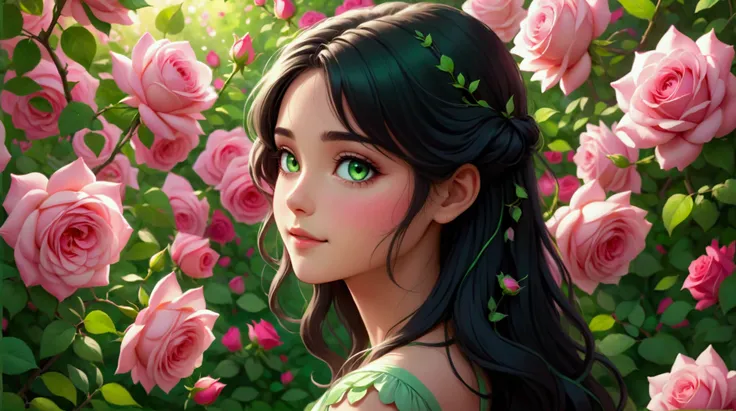 The image depicts a young woman with a serene and ethereal appearance. She has long, flowing dark hair and striking green eyes. Her skin is fair, and she has a gentle smile on her face. She is wearing a sleeveless, green dress that contrasts with the vibra...