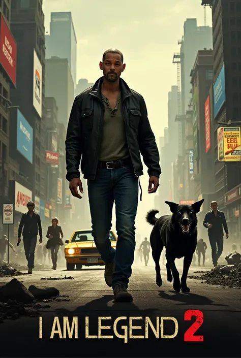 Create a poster for the movie I Am Legend 2.
Image: The poster features Will Smith (who appears to be the main character) and another actress, both looking dirty and tired, suggesting a post-apocalyptic world. The background is a futuristic city, with tall...