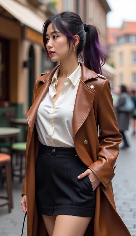 (profile:1.7),((best quality)), ((masterpiece)), (detailed), (a Japanese woman), 26 year-old, huge breasts, tall and muscular, (confident look:1.3), black and purple sleek tie-up hair style, no make-up, wearing white blouse and black tight skirt and brown ...