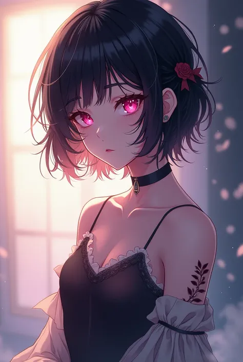 Anime femboy with black hair and pink eyes
