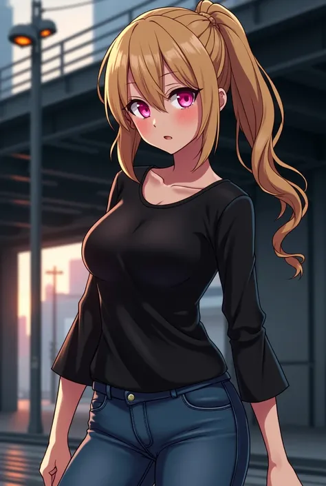 An adult woman has blonde hair tied in a ponytail ,  and wears a tight black blouse and denim pants.  Her bust is moderate .  The background shows an urban street with modern buildings and bright pink eyes .(hentai anime version ).