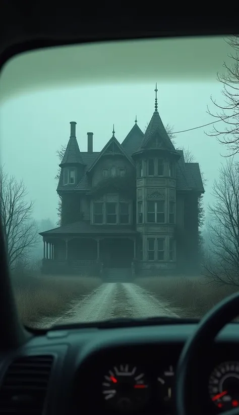 An Image of a rotting abandoned and creepy house seen through the windshield of the car 