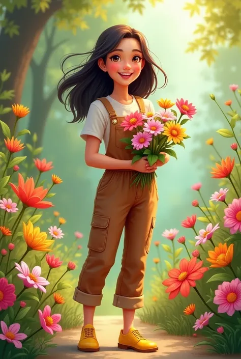 Cheerful girl with flowers in her hands and dressed in a brown jumpsuit and yellow shoes 