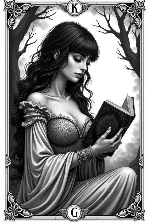 Tatouage noir et blanc carte de tarot femme aux cheveux noirs et a frange qui lit un roman. Femme en belle tenue dun univers fantastique. Elle est de coté