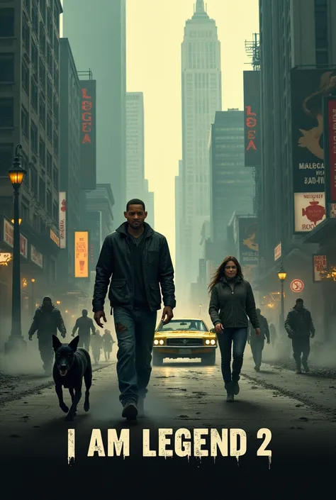 Create a poster for the movie I Am Legend 2.
Image: The poster features Will Smith (who appears to be the main character) and another actress, both looking dirty and tired, suggesting a post-apocalyptic world. The background is a futuristic city, with tall...