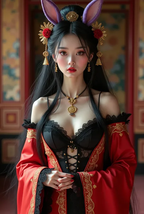 1 very beautiful queen medusa in hanfu dress,  thin red silk shirt with many yellow motifs , black lace top, Long hair dyed black, Beautiful Hair Jewelry, beautiful and cute pretty face,  perfect face , jewelry earring , light purple rabbit ears, antique j...