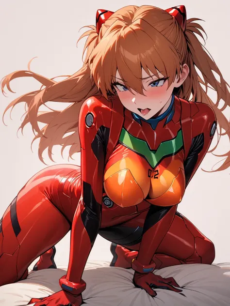 ( masterpiece fails,   top quality,   details),   one girl,  that feels comfortable,   simple background、  cowboy shooting alone ,
 With Ryu Asuka Langley  ,  red jacket , underwear bodysuit 、  big mouth-watering thighs  , very large breasts、 ulybka、  sexy...