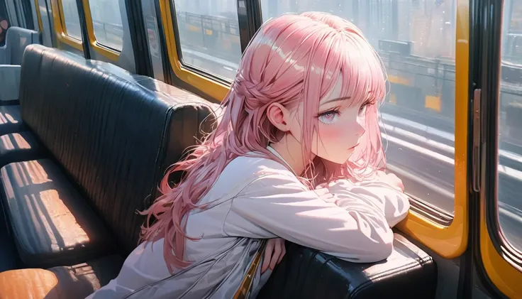 8k,17-year-old female， Extremely delicate and beautiful, beautiful and realistic skin , Long, shiny pink hair , beautiful eyes , symmetrical , The scene seen from the opposite side , Full body sleeping while sitting alone in a seat on the bus in the mornin...