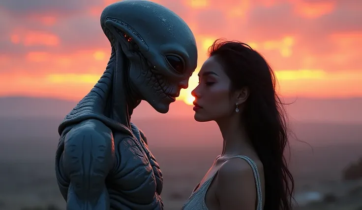 Here’s the rewritten version with a fresh take on the alien:

"A stunningly beautiful 24-year-old woman with radiant features, expressive eyes, and a confident demeanor, standing beside a tall, humanoid alien with an unnervingly otherworldly appearance. Th...