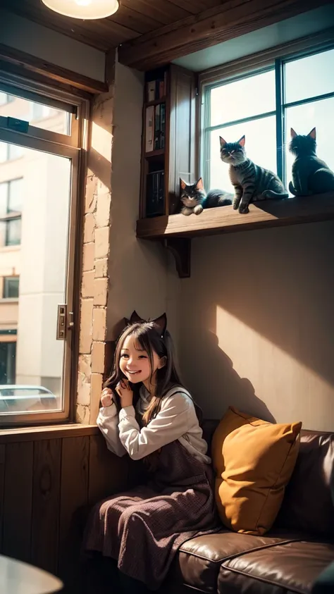 A cozy scene outside a cat café, with a high school-aged girl standing in front of the café window, looking inside with a curious and delighted expression. Through the window, several cats can be seen lounging on plush cushions or playfully interacting wit...