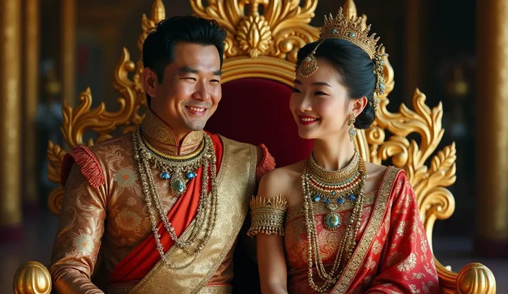 A 40-year-old man and woman in the royal warrior outfit with the ancient Ayutthaya royal costume and beautiful ornaments, sitting on a gold throne, with the old queen, behind is a room in a decorated palace. Very beautifully, smiling happily