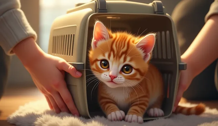 "Small orange tabby kitten being gently placed in a carrier, ready for the journey home."