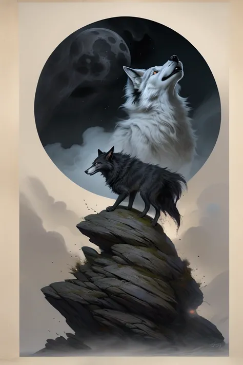  Lets take a dramatic portrait of the phantom white fox underneath ,  their eyes should burn with an inner flame  .The foxs coat should become a swirling storm of colors 。 frame the scene with jagged rocks that gradually become shadows  ,  fur that imitate...