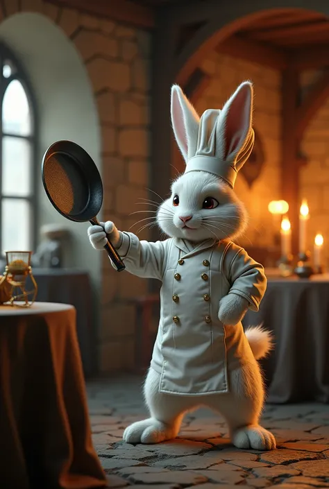 White rabbit chef wearing chef hat holding frying pan smash on bad man in the medieval restaurant 