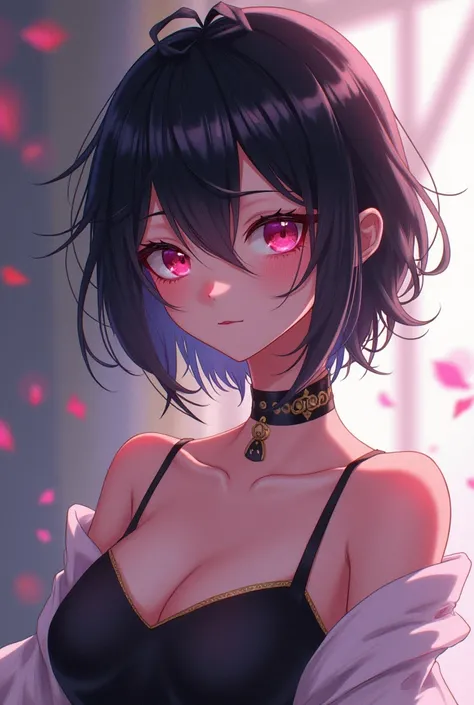 Anime femboy with black hair and pink eyes
