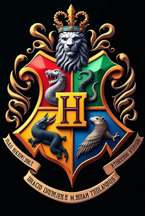 Create a highly detailed and colorful crest logo inspired by a magical school. The crest is divided into four sections, each representing an animal: a lion (red and gold), a snake (green and silver), a badger (yellow and black), and an eagle (blue and bron...