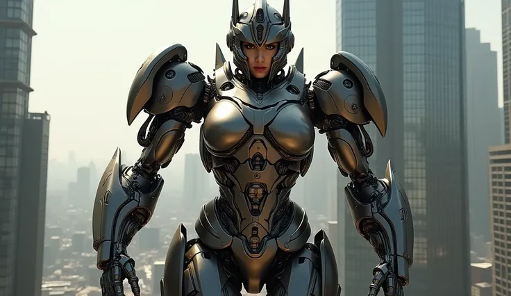 A beautiful latina woman with long hair big breasts transforms into a huge transformer robot sits on top of a tall building