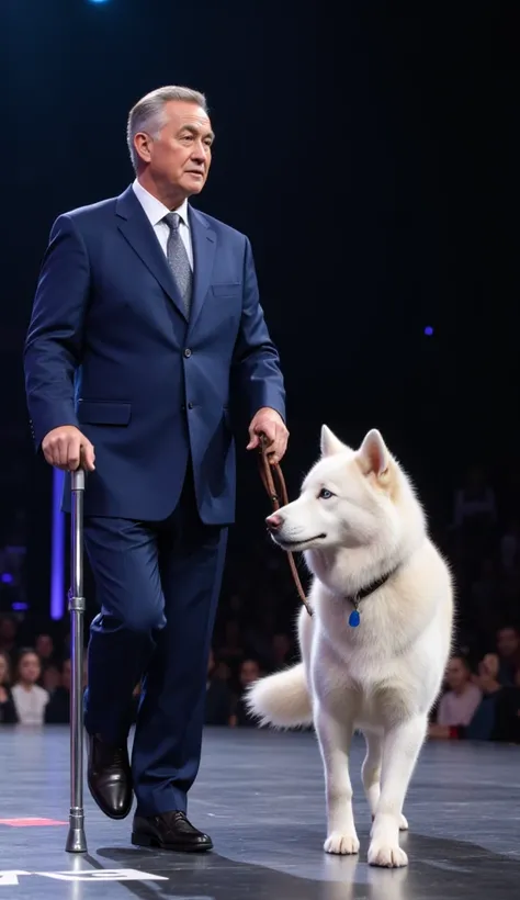 An elderly man walking elegantly on the Got Talent stage with a majestic Siberian Husky by his side. He is dressed in a sharp navy-blue suit, complemented by a cane with a silver handle. The Husky, with its striking icy blue eyes and fluffy fur, walks prou...