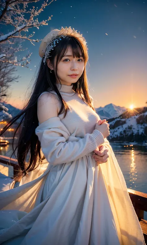 (     smiles、When she casts a spell , Snow-capped mountains and lakeside in the background、Sunset、 Magic Rim 、staring at something、diamond dust flutters、クリーム色のhair、 Heavy snowfall area  、  Its snowing 、Elegant and luxurious clothing   、   、gravu  、     nig...