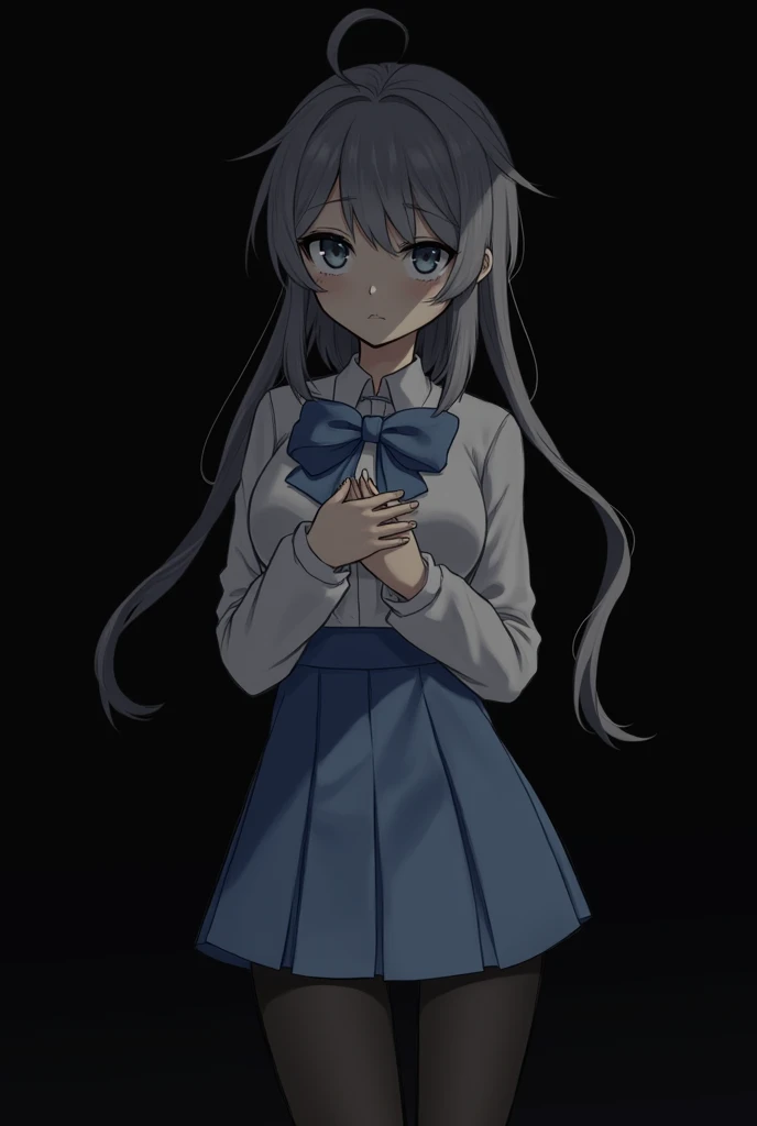 dark, Darkness,black,Shadow in the eye , No Emotion,hollow, girl, cute,Long bangs,Long stray hairs,Gray Hair, long tuft of hair ,beautiful, slender,Petite,Thin legs,Light blue eyes,dark, white shirt, light blue pleated skirt,High waist,Back hair bow , ligh...