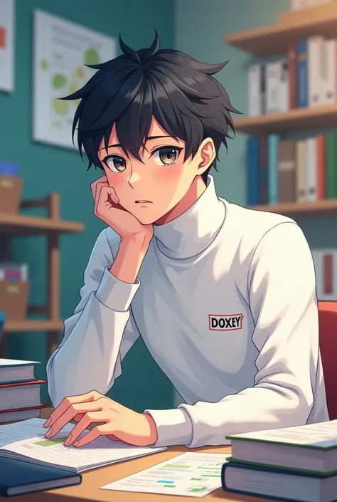  Young man wearing a white turtleneck sweater with a small logo on the left side that says DOXEY. 

vercion anime. At school studying   