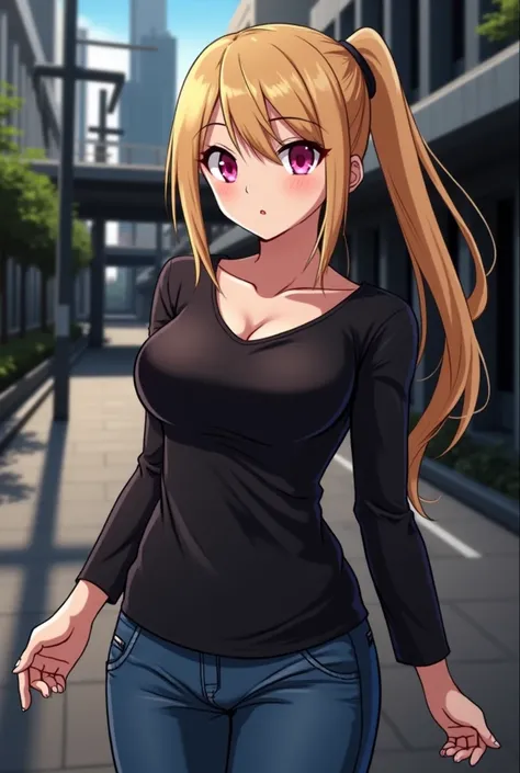 An adult woman has blonde hair tied in a ponytail ,  and wears a tight black blouse and denim pants.  Her bust is moderate .  The background shows an urban street with modern buildings and bright pink eyes .(hentai anime version ).