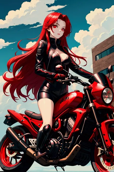 Girl with red long hair and red eyes, she is ridding a moto