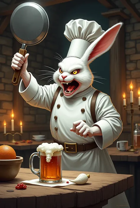 Angry White rabbit chef wearing chef hat holding frying pan smashing on beard drunk bad man in the medieval restaurant 