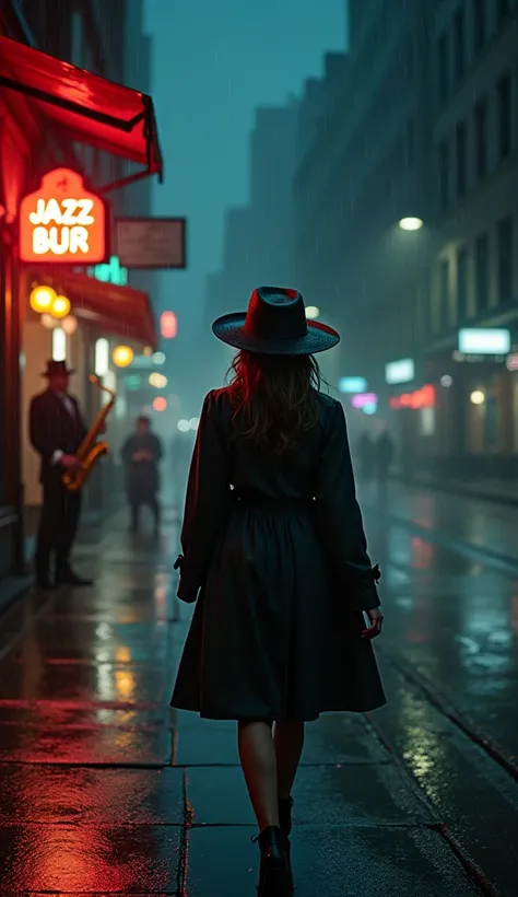 A mysterious young woman named Jazz walking through a rainy, neon-lit city street at night. Her eyes shine with hidden emotions, framed by a wide-brimmed hat. Raindrops glisten on her vintage coat. Soft light from a jazz bar spills onto the wet pavement, w...