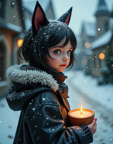 cinematic angle,snow,gothic architecture,dog_ears,gothic_lolita,masterpiece,short_hair,fangs,,Christmas spirit :1.5