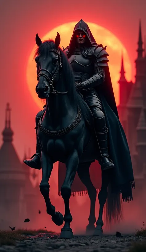  High-resolution ,  black rider cloaked ,  he rides a black skeleton horse ,  rider dressed in black heavy armor , armor has the effect of black smoke ,terrifying helmet ,  the riders eyes resemble the devils,  Black Cloak,  he rides in a medieval city at ...