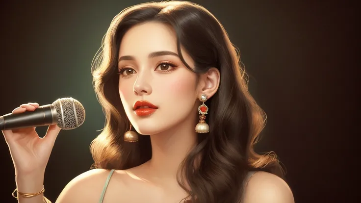 a beautiful woman with long wavy black hair, holding a vintage retro-style microphone, wearing stylish earrings, against a background with a sophisticated artistic atmosphere, conveying a sense of nostalgia and elegance, intricate details, high resolution,...