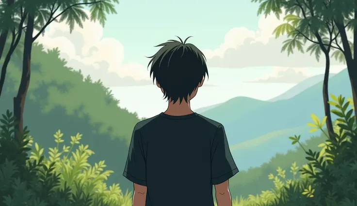 Long hair shoulder length young man facing backwards wearing a black T-shirt, standing alone in Nature, realistic 19:6