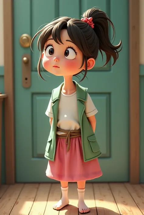 Girl animate  , ponytail hairstyle,  dressed in a white short-sleeved shirt and a pink silk skirt,  a light green house coat ,  y A pair of white cotton tights , with hands tied behind the back  