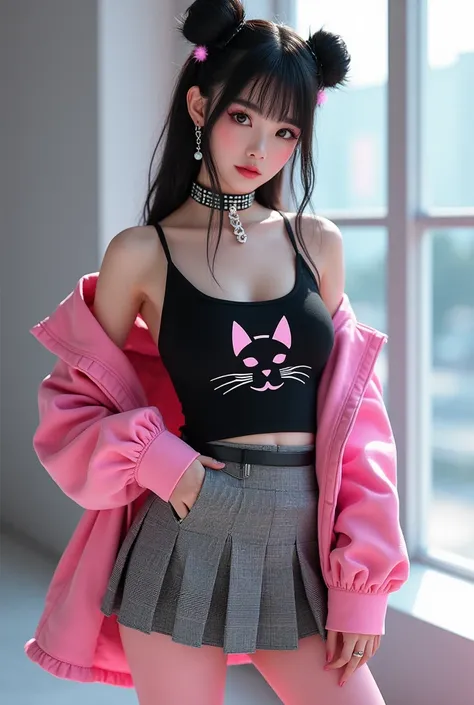 Captivating beauty、Stunningly beautiful girl  、 futuristic design pink headphones , cute hair clip, (pull down pink jacket), sleeveless black camisole with cat motif print, bare shoulders, dog collar with silver accessories, (gray gingham plaid) pleated sk...