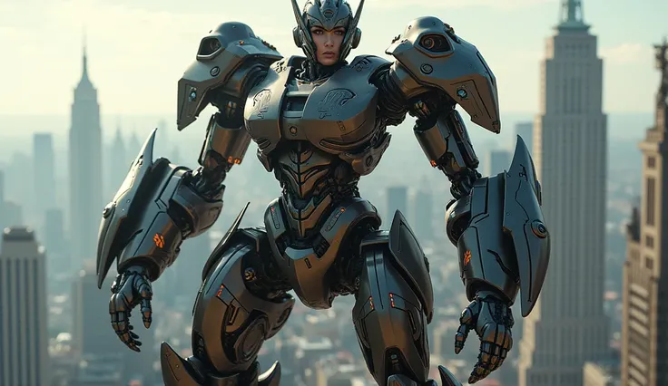 A beautiful latina woman with long hair big breasts transforms into a huge transformer robot sits on top of a tall building