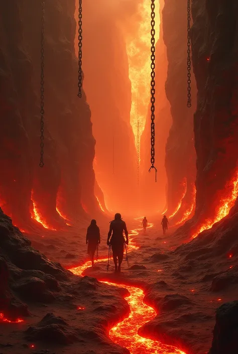 Prompt: "A fiery abyss filled with chains and shackles glowing red-hot. Souls are dragged across the burning ground, their cries echoing in the cavernous space. The flames roar fiercely, creating an almost deafening sound. The environment is filled with mo...